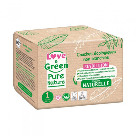 Pure Nature Couches certifiées Ecolabel et hypoallergéniques T1 x 32 Pure Nature Couches certifiées Ecolabel et hypoallergéniques T1 x 32