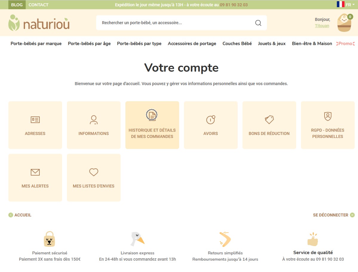 Cliquez sur historique et détails de mes commandes Page acceuil compte client
