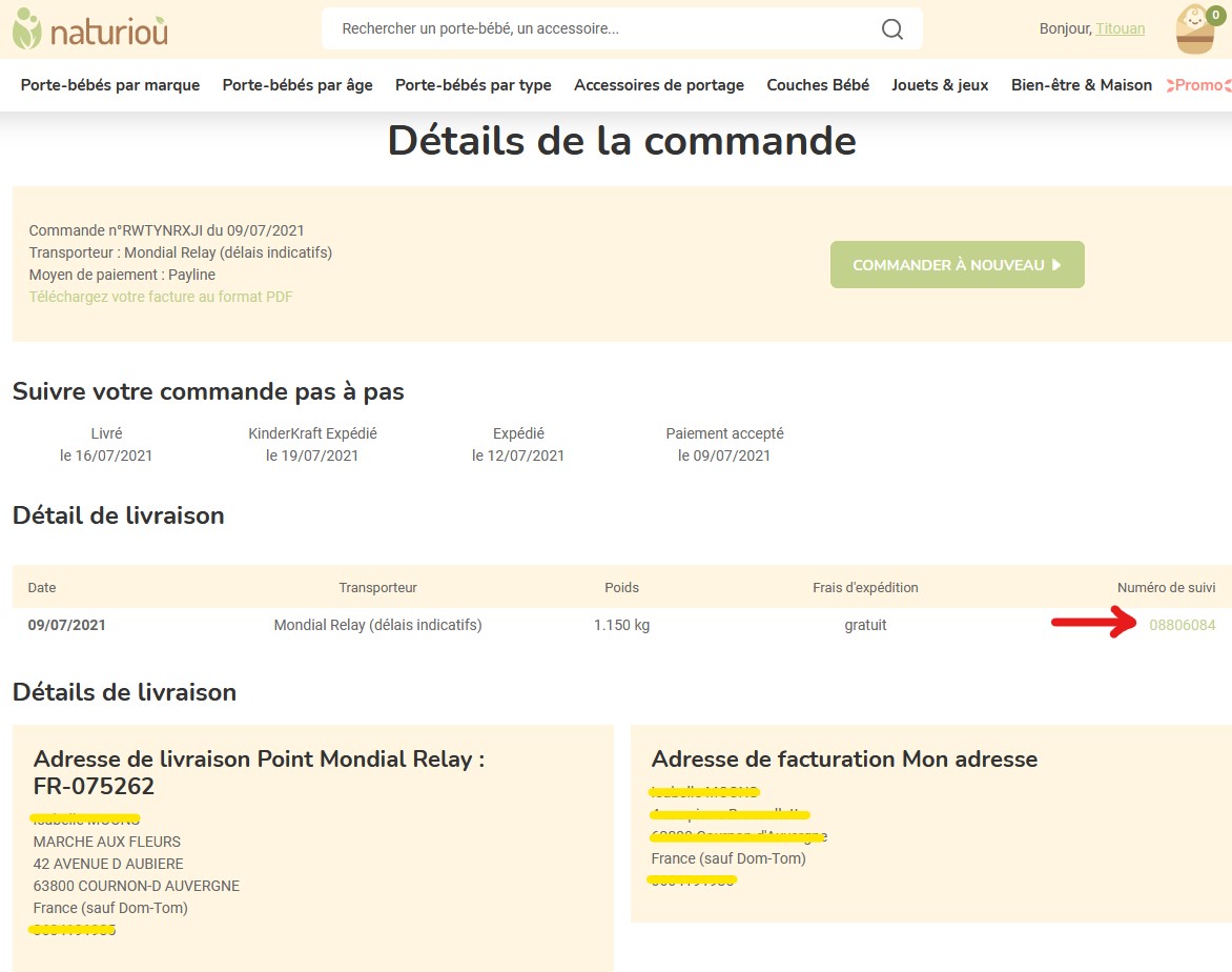 Vous arrivez sur la page détaillant votre commande Page détail commande