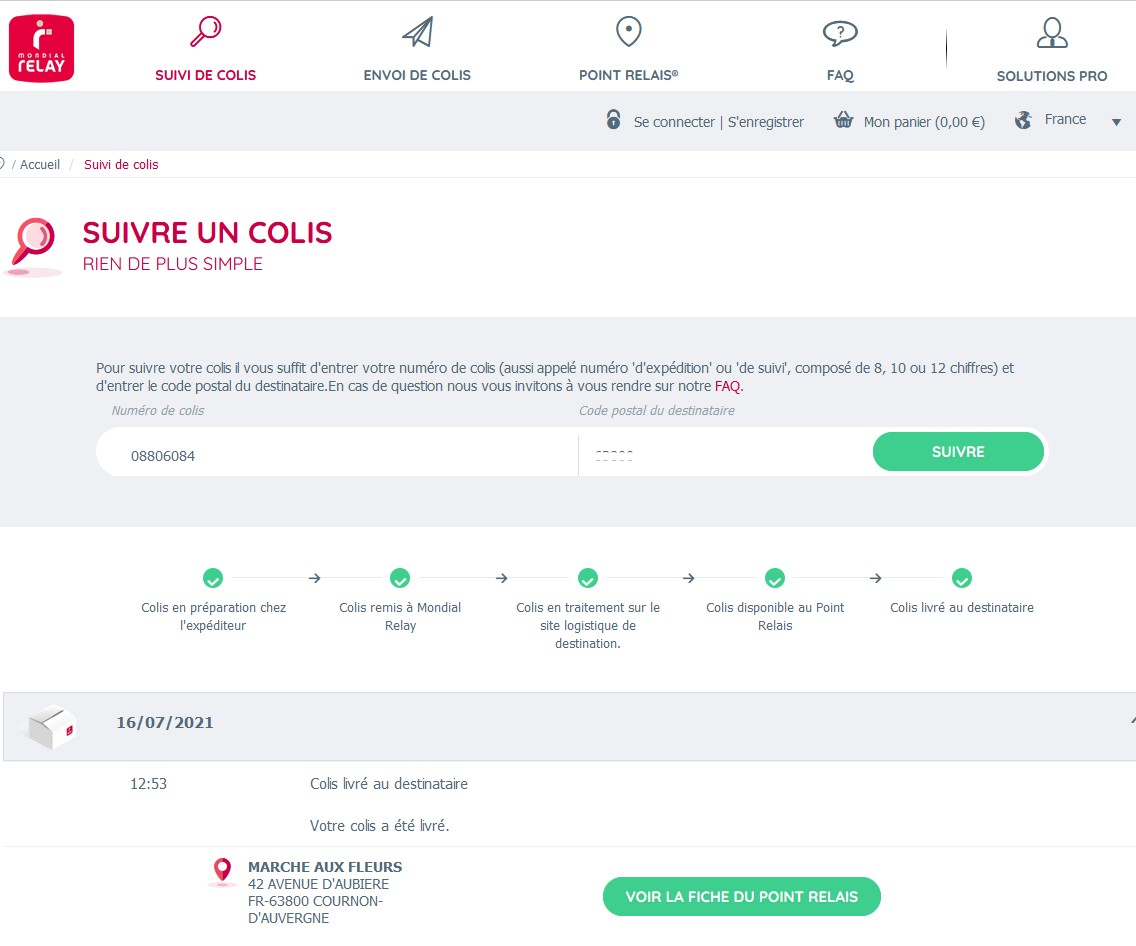 Vous êtes redirigé vers la page de suivi du transporteur Mondial relay page suivi